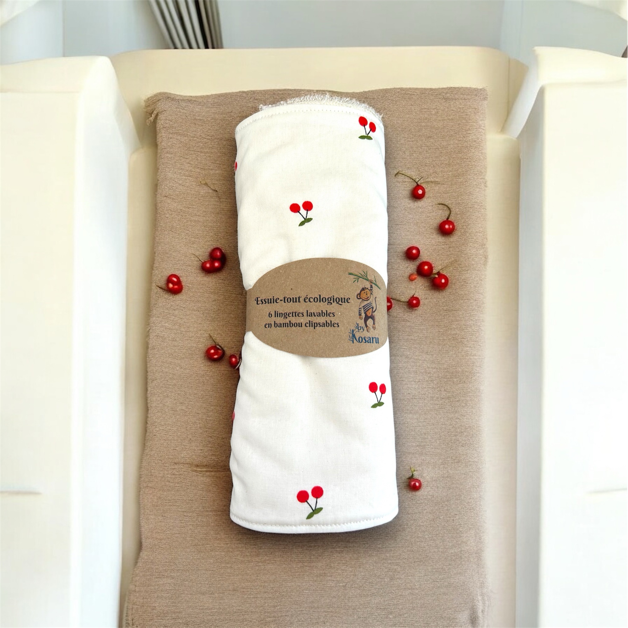 Essuie-tout lavable en bambou « cerises vichy »
